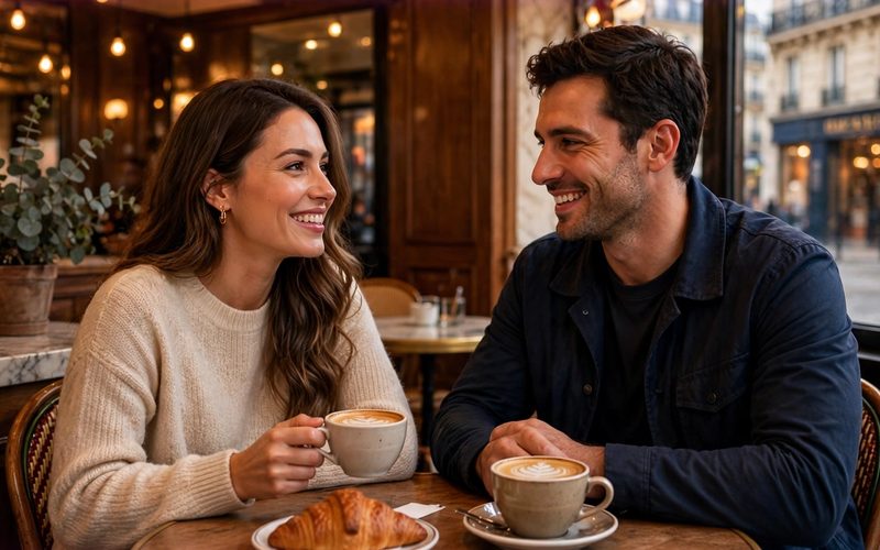 Café-rencontre chaleureux, cappuccino et croissant